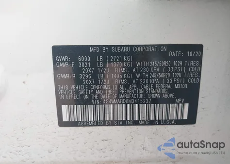 2021 Subaru Ascent Touring z USA, uszkodzony, nr VIN 4S4WMARD8M3415237